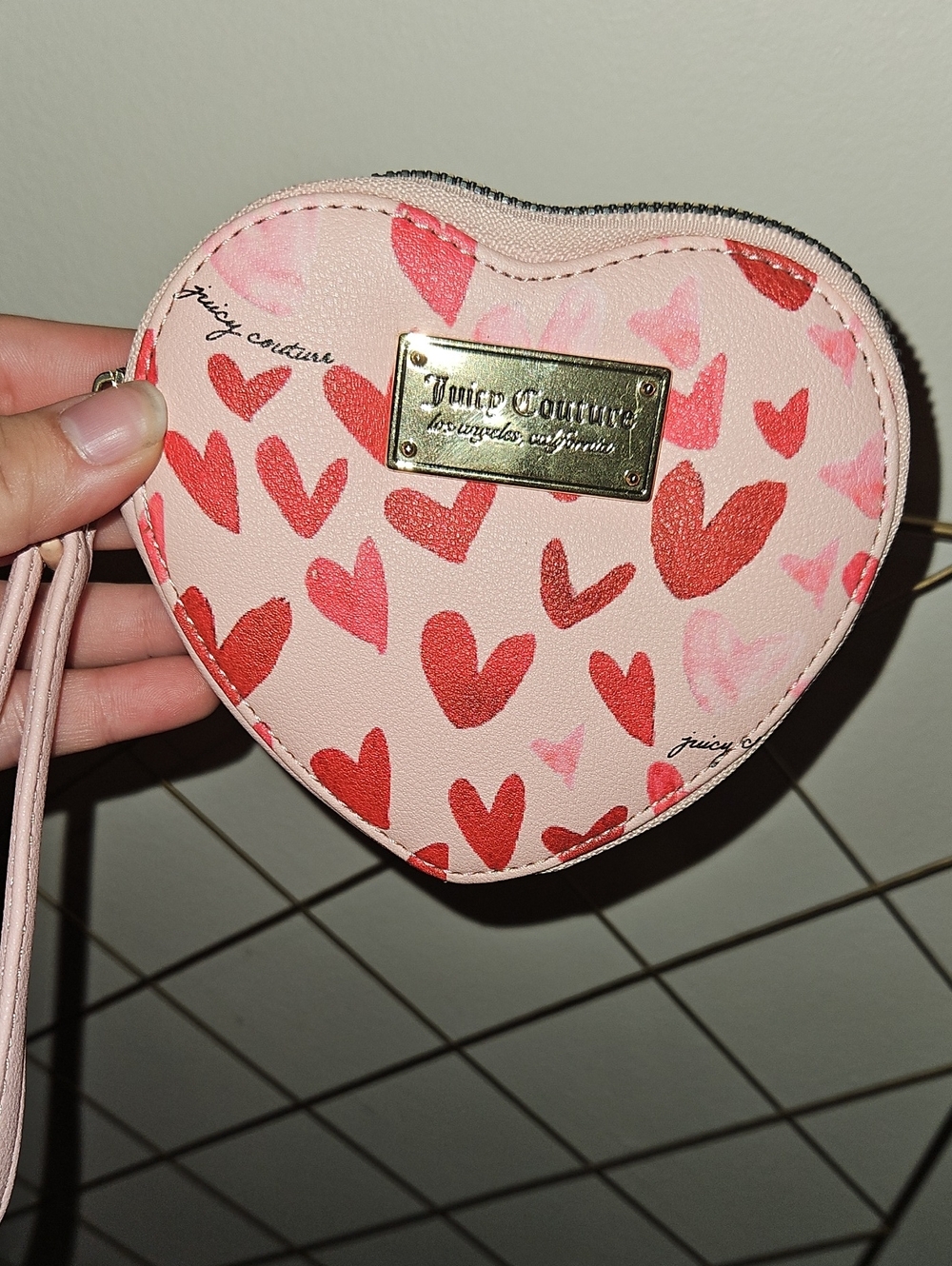 Juicy Couture Pink Heart-Print Heart Shaped Wristlet with Gold Plate